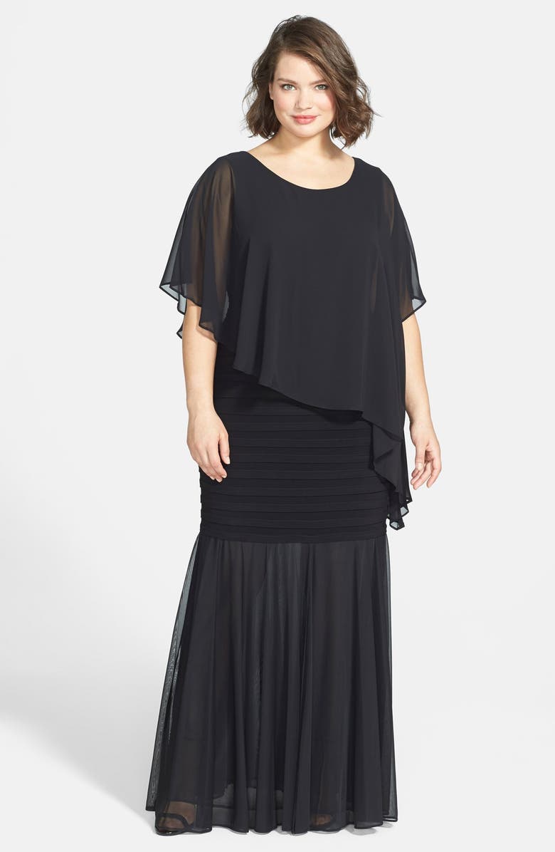 Betsy & Adam Shutter Pleat Chiffon Capelet Gown (Plus Size) | Nordstrom