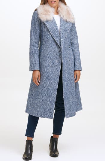 Grey Wrap Coat with Fox Fur Trim