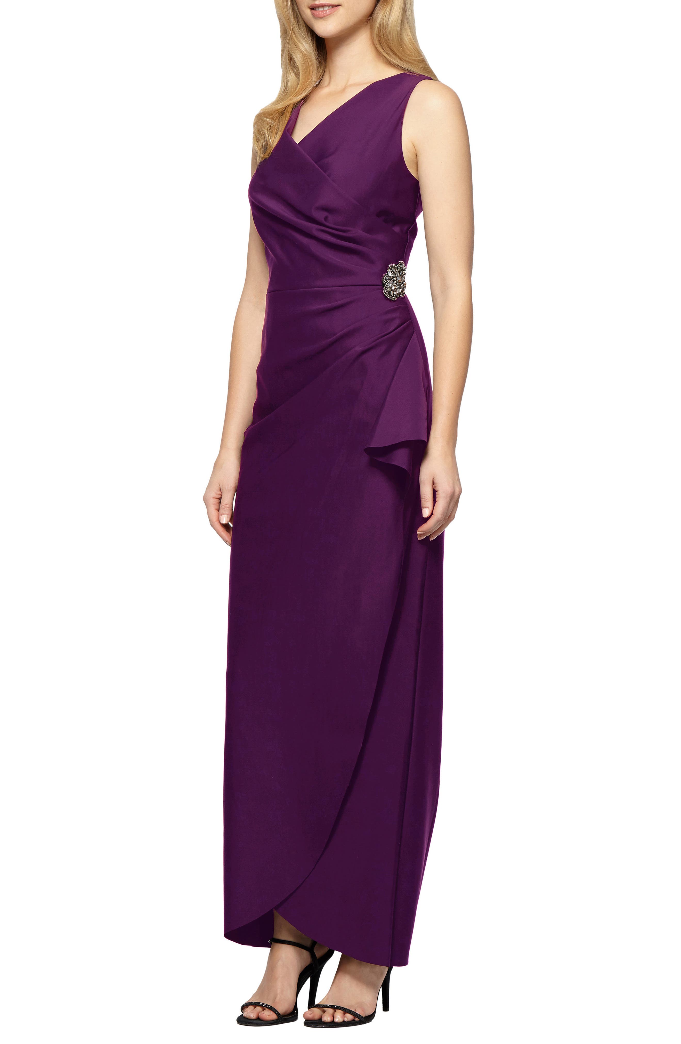 Petite Alex Evenings Embellished Side Drape Column Gown, Purple