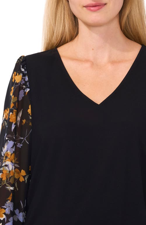 CECE CECE FLORAL SLEEVE V-NECK MIXED MEDIA TOP 