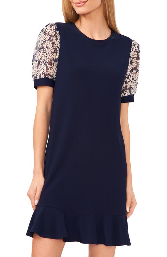 Shop Cece Floral Puff Sleeve Mixed Media Minidress In Navy Blue Jay