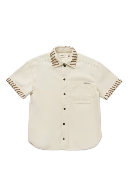 Shop Honor The Gift Boxy Faux Leather Snap-up Shirt In Bone