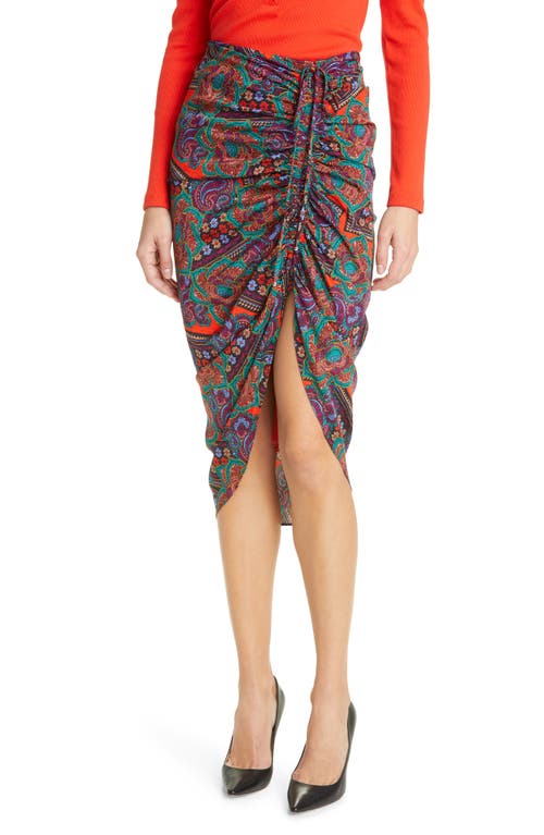 Veronica Beard Ari Floral Paisley Ruched Silk Blend Skirt in Flame Red Multi