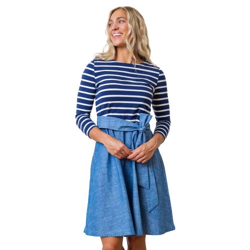 Shop Hope & Henry French Jersey Skater Dress In Navy And White With Chambray