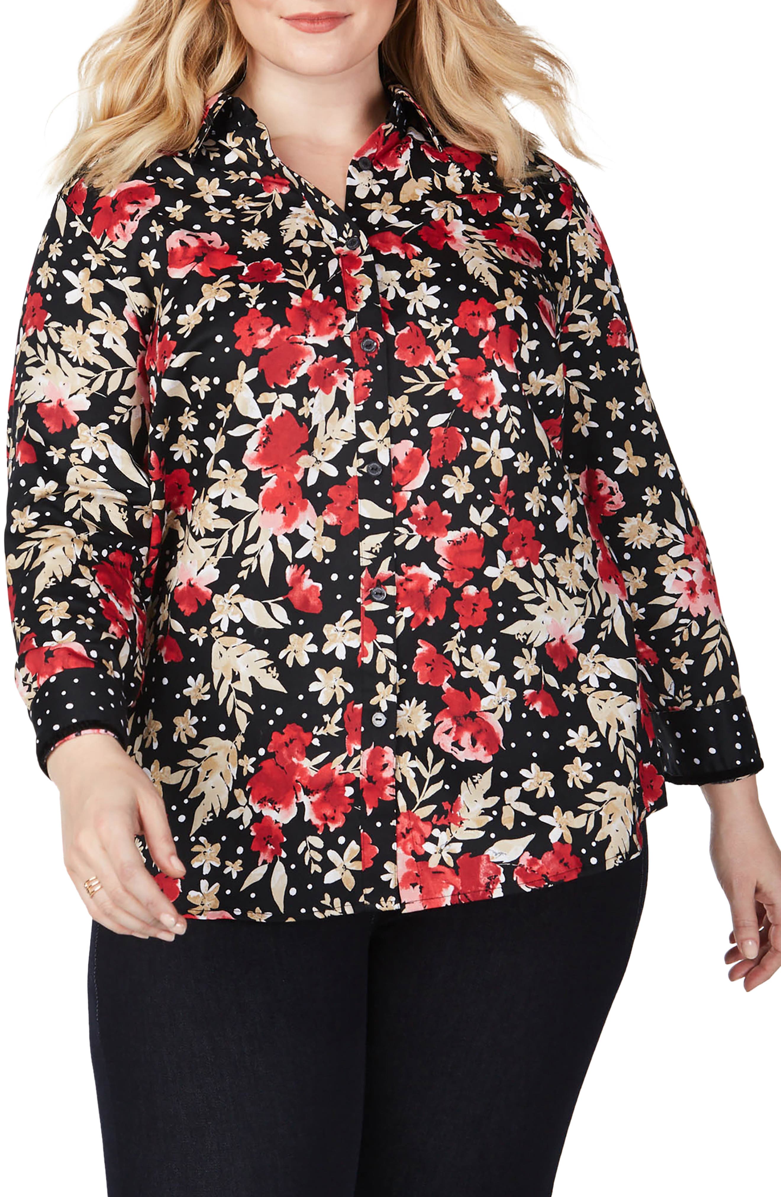 UPC 019100000070 product image for Plus Size Women's Foxcroft Ava Festive Floral Print Shirt | upcitemdb.com