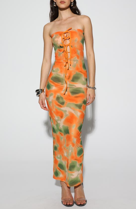 Shop By.dyln Miami Strapless Body-con Maxi Dress In Orange Printed Mesh