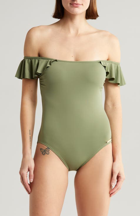 Off the Shoulder Ruffle One-Piece Swimsuit