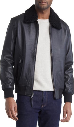 Leather Bomber Jacket with Removable Faux Shearling Collar