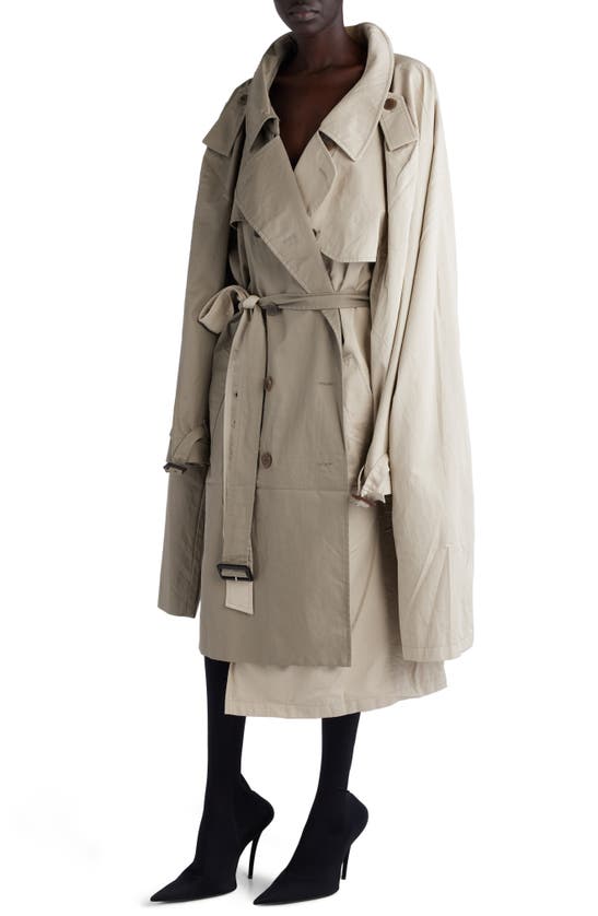 Shop Balenciaga Double Sleeve Mixed Media Trench Coat In Beige