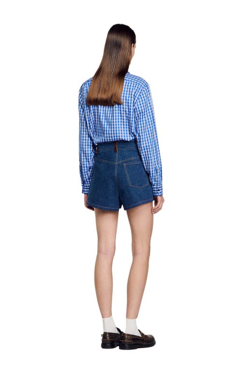 Shop Sandro Denim Shorts With Leather Details In Blue