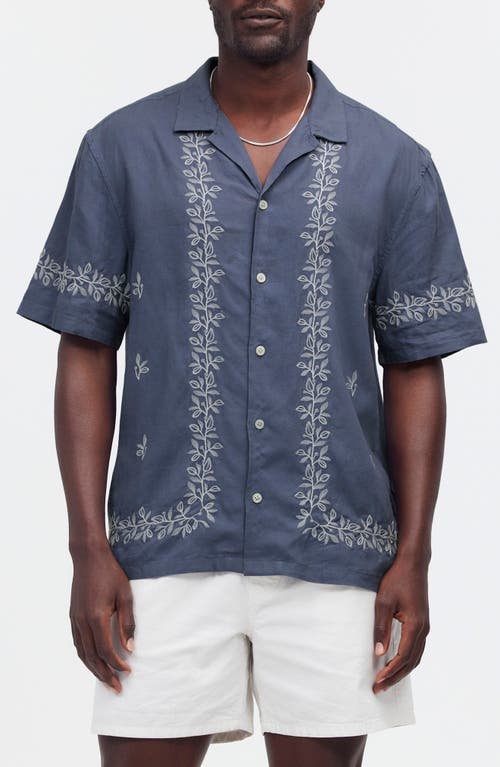 Easy Embroidered Short Sleeve Linen Blend Button-Up Shirt in Night Indigo