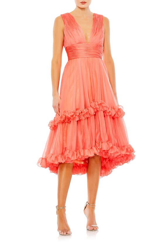 Shop Mac Duggal Plunge Neck Tiered High-low Cocktail Dress In Coral