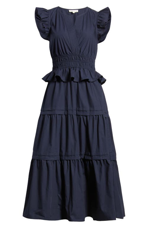 Shop Moon River Flutter Sleeve Tiered Cotton Dress In Navy