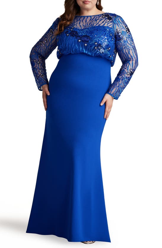 Tadashi Shoji Sequin Blouson Bodice Long Sleeve Gown In Mystic Blue