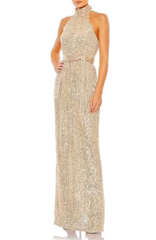 Ieena for Mac Duggal Sequin Halter Neck Sheath Gown Champagne at Nordstrom,
