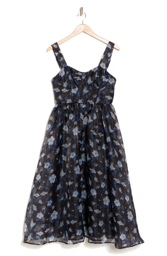 Lulus Delightful Look Black Floral Print Bustier Midi Skater Dress In Black/ Blue/ White