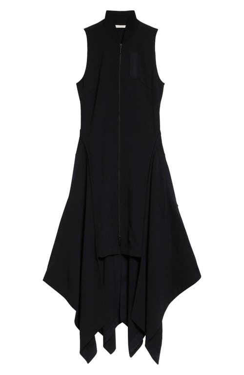 Front Zip Handkerchief Hem Fluid Crepe Dress in Black