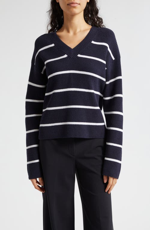 Vince Stripe V-Neck Cotton Blend Sweater Coastal/Optic White at Nordstrom,