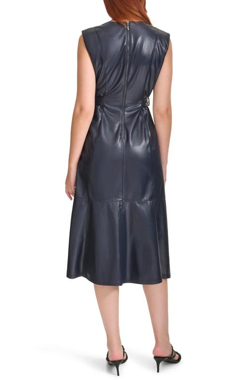 Shop Calvin Klein Faux Leather Sleeveless Belted Midi Dress In Indigo