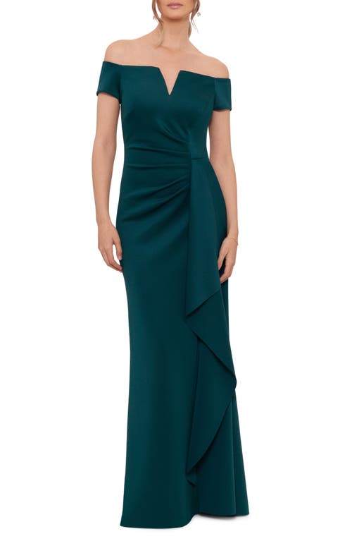 Xscape Evenings Off the Shoulder Scuba Crepe Gown Hunter at Nordstrom,