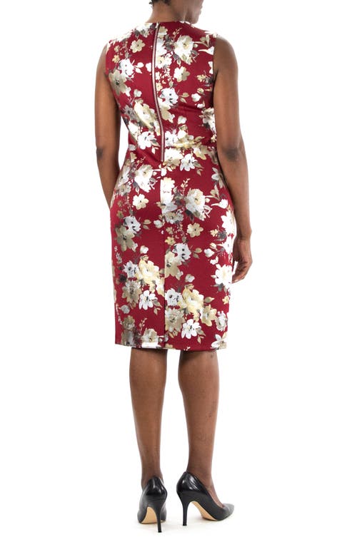 Nina Leonard Floral Foil Midi Dress In Berry/gold/silver