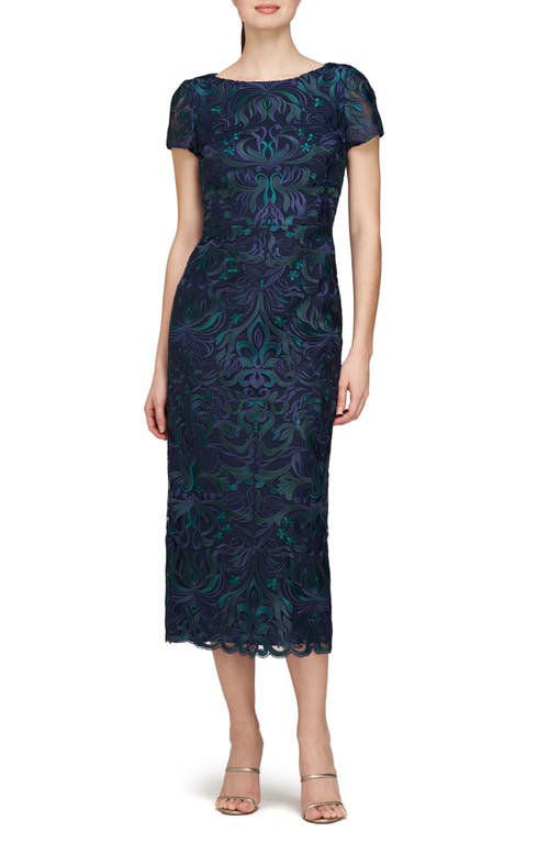 Js Collections Fallon Embroidered Column Cocktail Dress In Deep Navy/teal