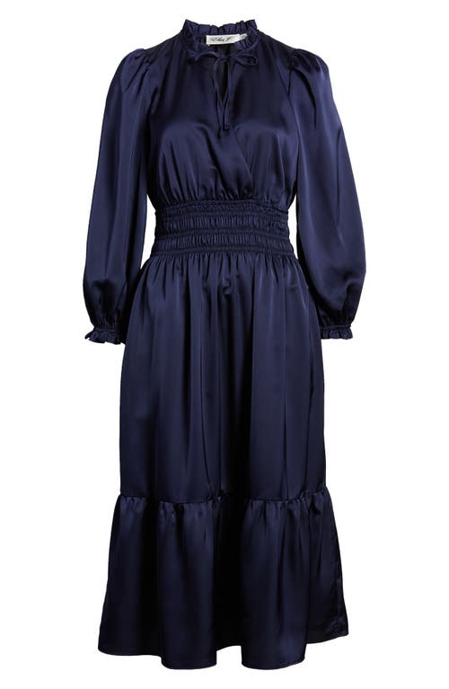 Shop Eliza J Ruffle Trim Long Sleeve Satin Dress In Navy