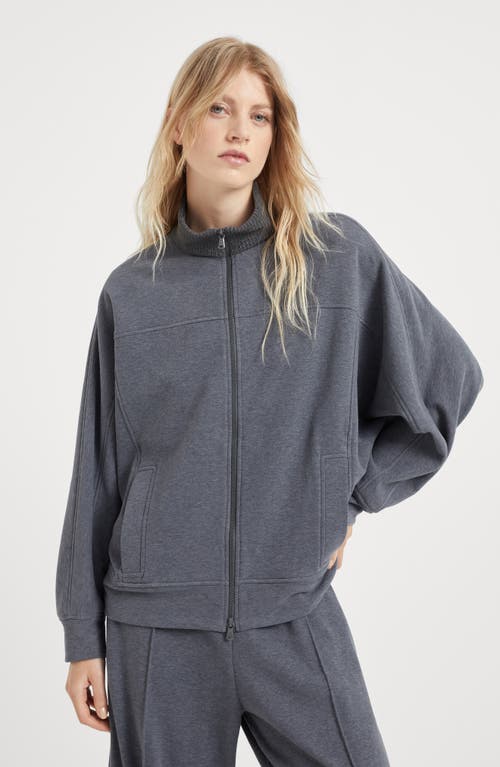 Shop Brunello Cucinelli Cotton Smooth French Terry Sweatshirt With Precious Ribbed Collar In Dark Grey