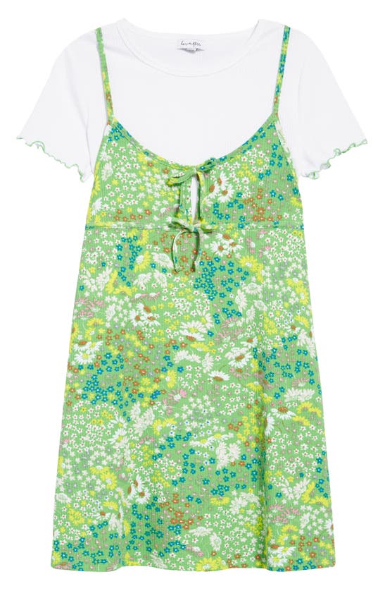 Love, Fire Kids' Floral Rib Layered Dress In Green Ditsy
