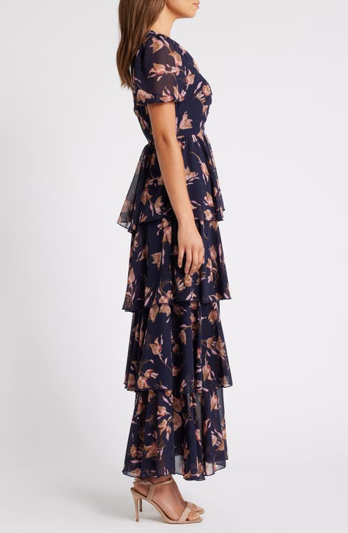 Shop Chelsea28 Floral Tiered Chiffon Dress In Navy Tulip Dance