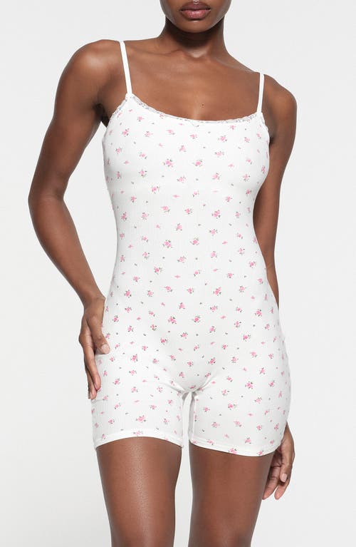 SKIMS Soft Lounge Lace Romper Neon Orchid Rose Print at Nordstrom,