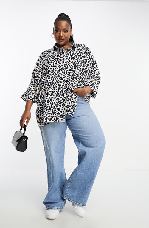 ASOS DESIGN Curve Oversize Animal Print Button-Up Shirt in White