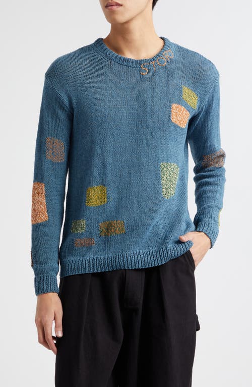 Story mfg. Spinning Embroidered Patchwork Organic Cotton Crewneck Sweater Blue Darn-Knit at Nordstrom,