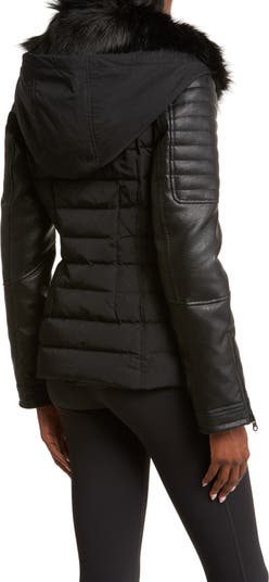 Sophia Hooded Mixed Media Faux Leather Quilted Jacket with Removable Faux Fur Trim