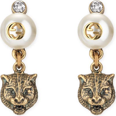 Gucci Feline Head Faux Pearl Earrings
