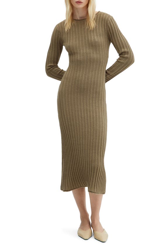 Shop Mango Long Sleeve Rib Knit Dress In Khaki