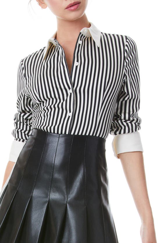 Alice And Olivia Striped Melia Fitted Dart Button-front Shirt In Joy Stripe