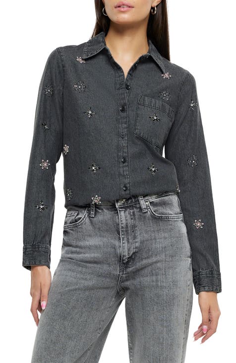 Crystal Embellished Denim Button-Up Shirt