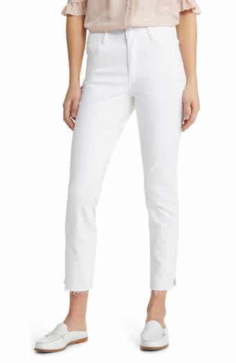 Don't Think Twice Tall DTT Tall straight leg jeans with raw hem and knee  rips in white - ShopStyle