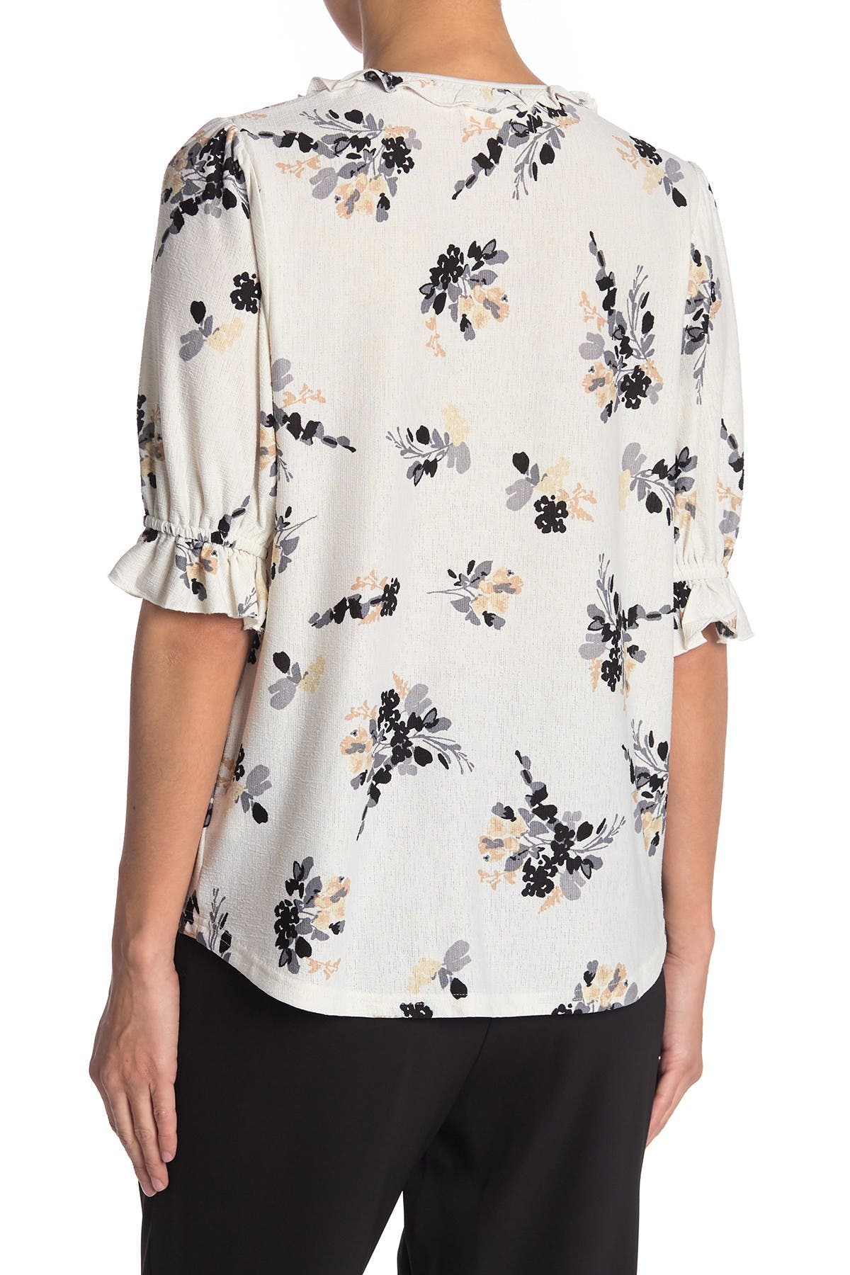 Melloday Printed Ruffle Sleeve Knit Blouse In Ivory Blk Grey Flrl