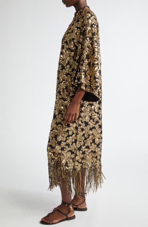 Shop La Vie Style House Sequin Flower Fringe Hem Cover-up Caftan In Black/gold