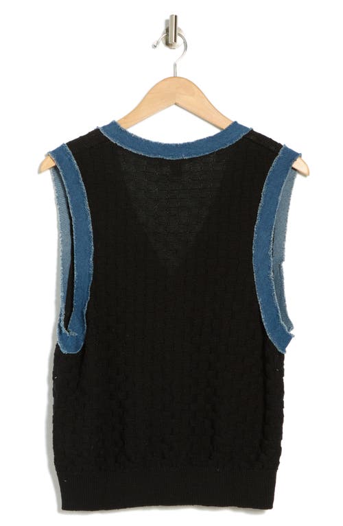 Laundry By Shelli Segal V-neck Pointelle Denim-trim Sweater Vest In Black