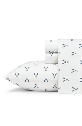 Eddie Bauer Oar Print 200 Thread Count 100% Cotton Percale Sheet Set In Medium Blue