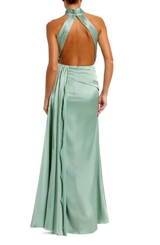 Shop Ieena For Mac Duggal Side Ruched Satin Halter Gown In Sage