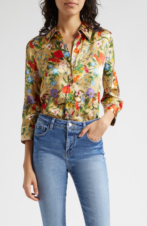 Shop L Agence L'agence Dani Floral Print Silk Button-up Shirt In Yellow Multi Vintage Botanical