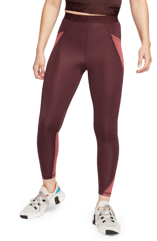 Shop Nike Pro High Waist Pocket Leggings In Burgundy Crush/ Cedar