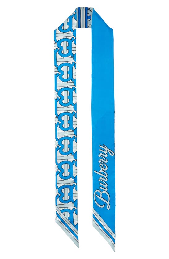 Burberry Monogram And Logo Print Silk Skinny Scarf In Vivid Blue