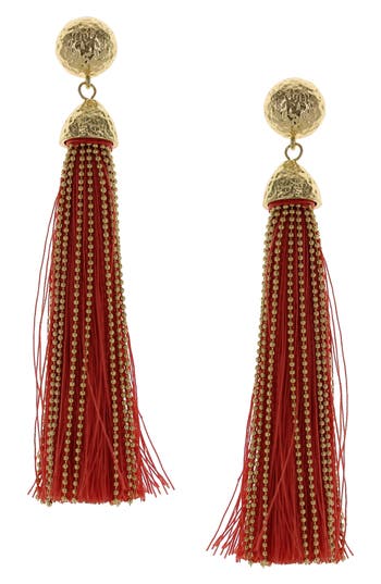 Shop Olivia Welles Cotton & Chain Tassel Drop Earrings In Gold/coral