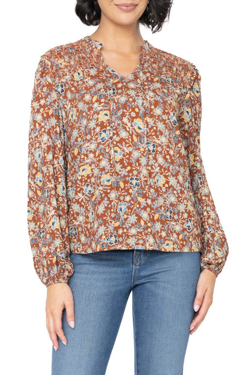 Tie Neck Long Sleeve Smoked Yoke Blouse in Saddle Brown Floral