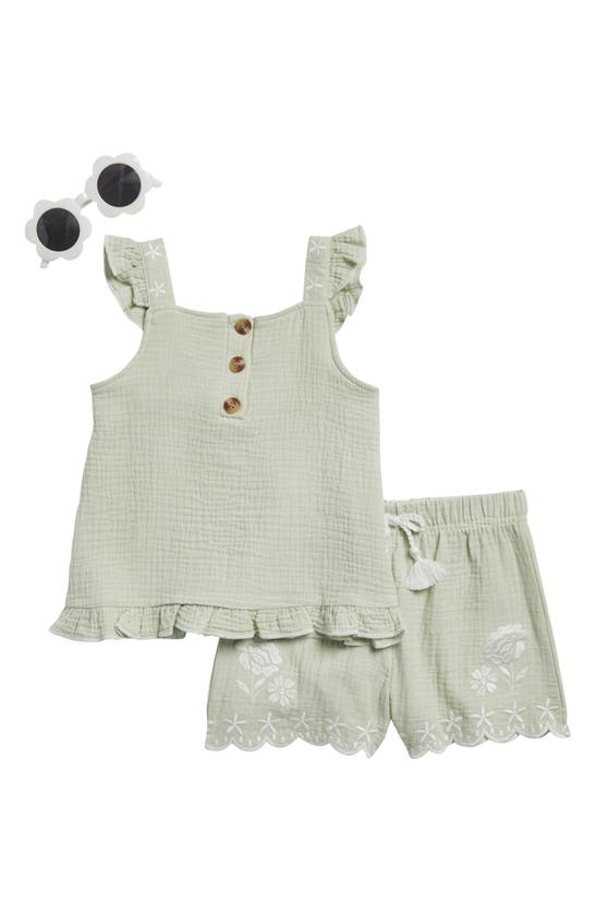 Shop Rachel Zoe Kids' Textured Ruffle Top, Shorts & Sunglasses Set In Green Lily